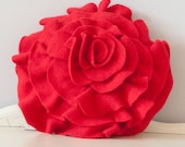 Small Ruffle Rose Pillow in Tomato Red. Eco friendly recycled materials.