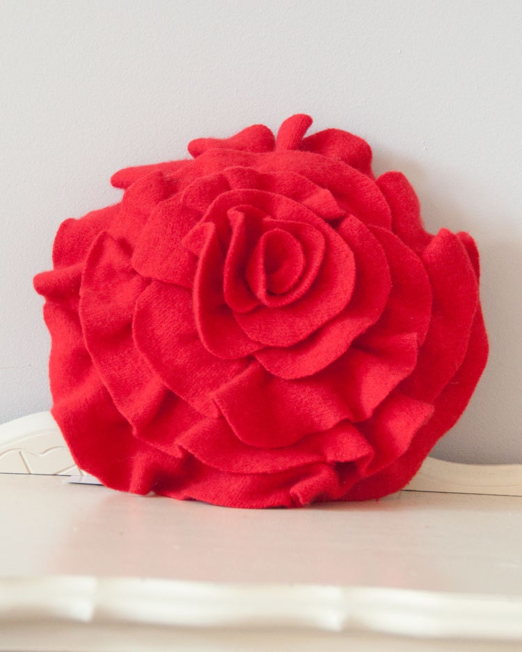 Small Ruffle Rose Pillow in Tomato Red. Eco friendly recycled materials.