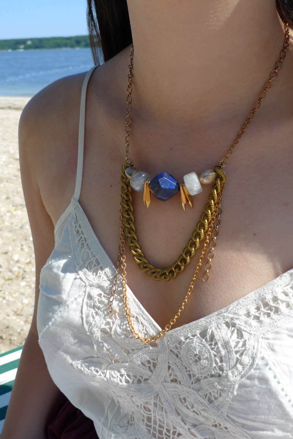 Triple Chain Statement Necklace w/ Blue Lapis Lazuli