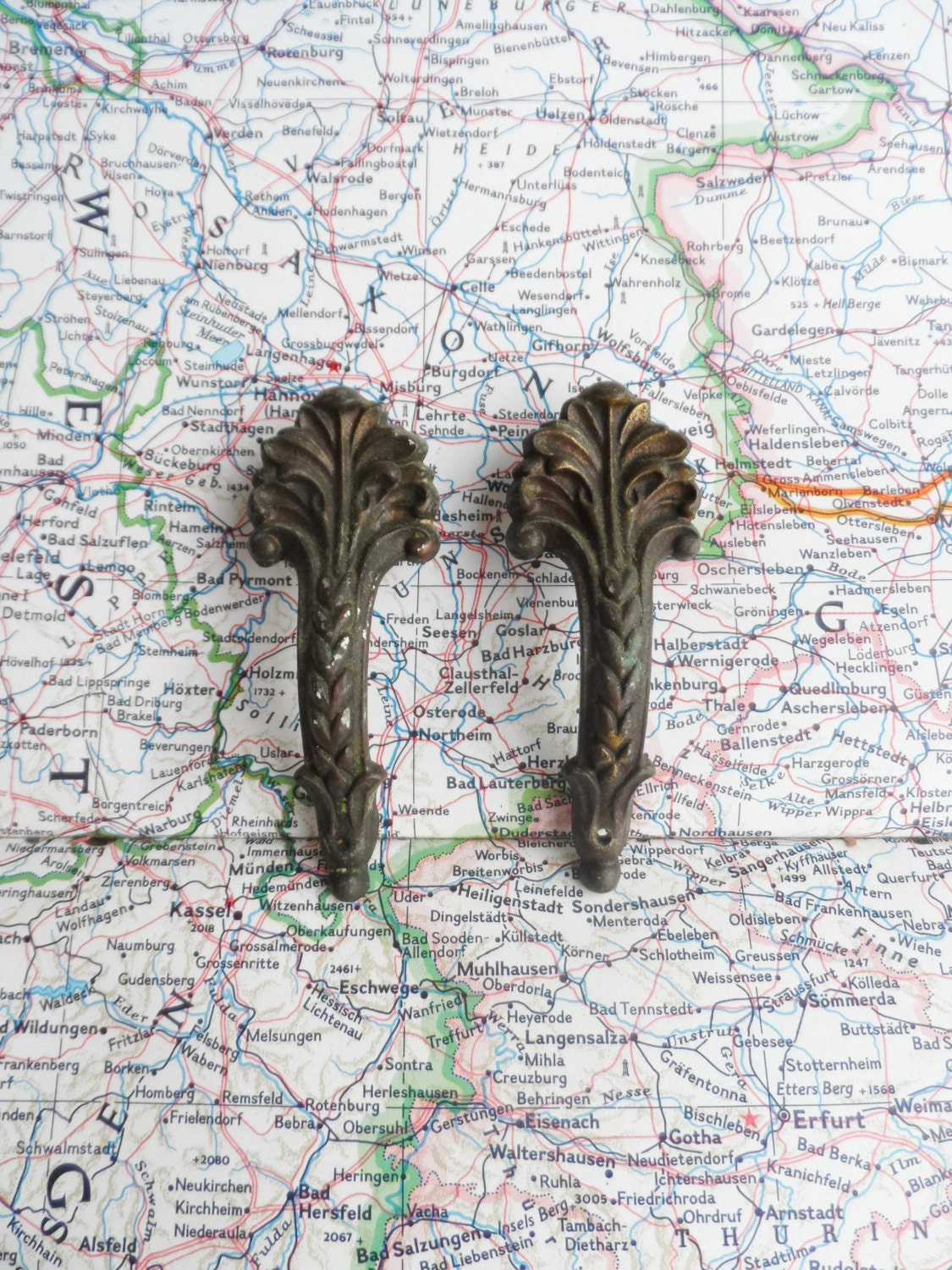2 small Art Deco textured vintage distressed brass metal pull handles includes hardware