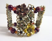 Fall Flower Cuff Bracelet , Brown Gold Topaz Brass Bronze Orange Flower Beaded Bracelet, Warm Colors, Stretch Bracelet, Fall, Autumn