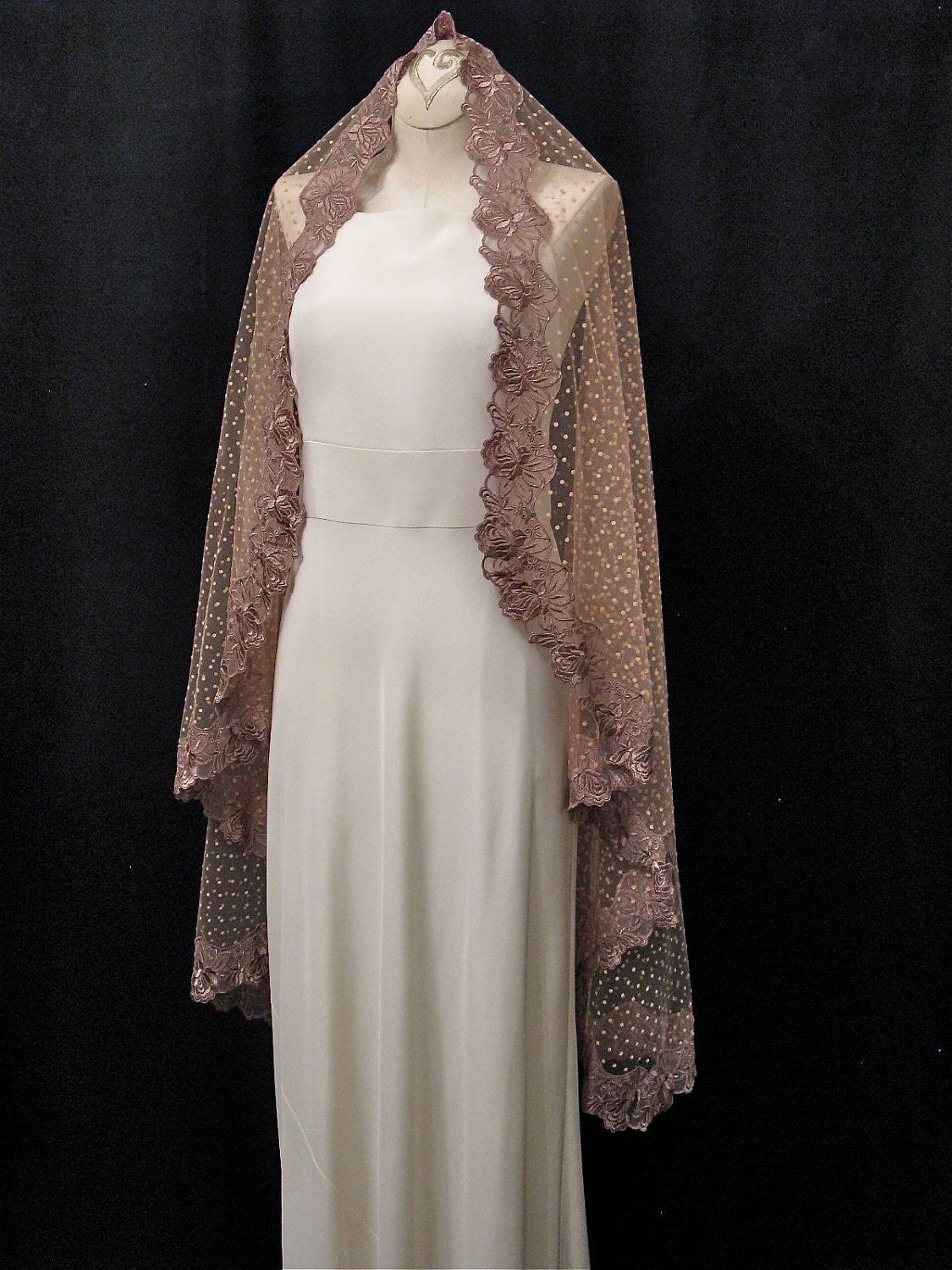 Pale Peach Mantilla Wedding Veil With Polka Dots And Mocha Lace