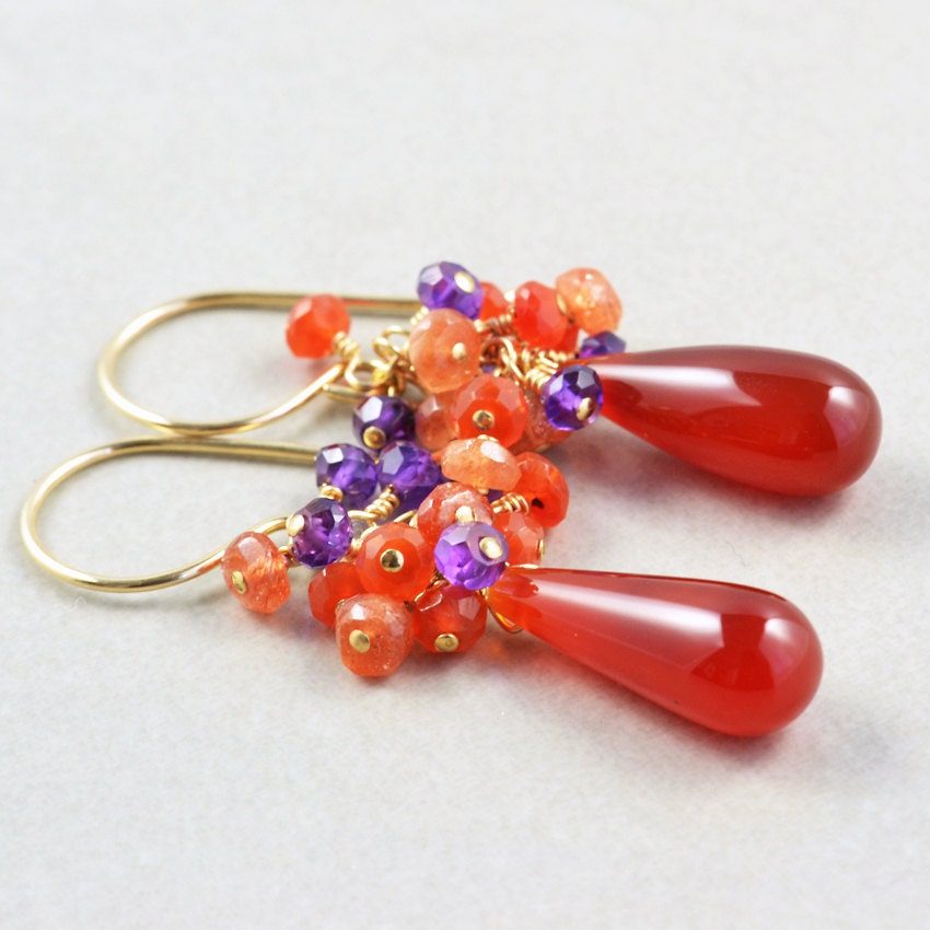 Orange Dangle Earrings, Amethyst Cluster Earrings, Purple Orange Drop Earrings