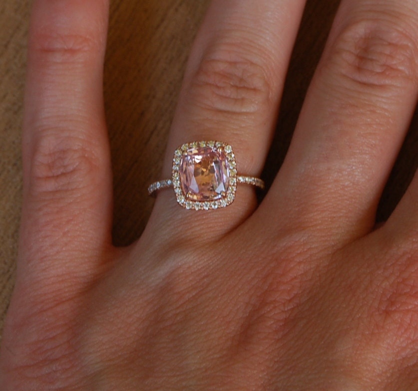 Reserved - Cushion peach champagne sapphire in 14k rose gold diamond ring and a matching band- final payment