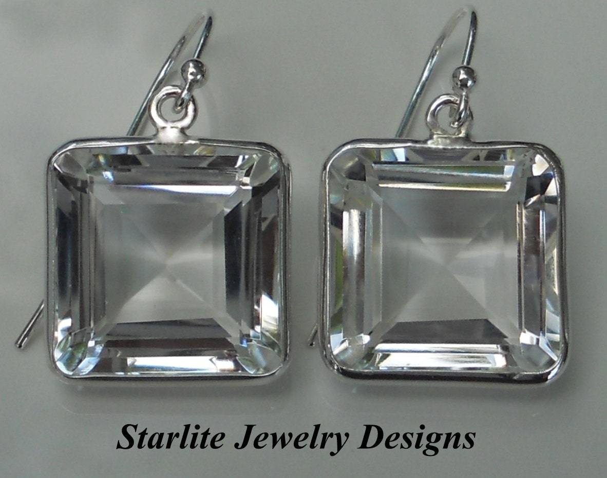 Vintage Natural Rock Crystal Quartz - Rare Square Step Cut - Bezel Set Drop Earrings