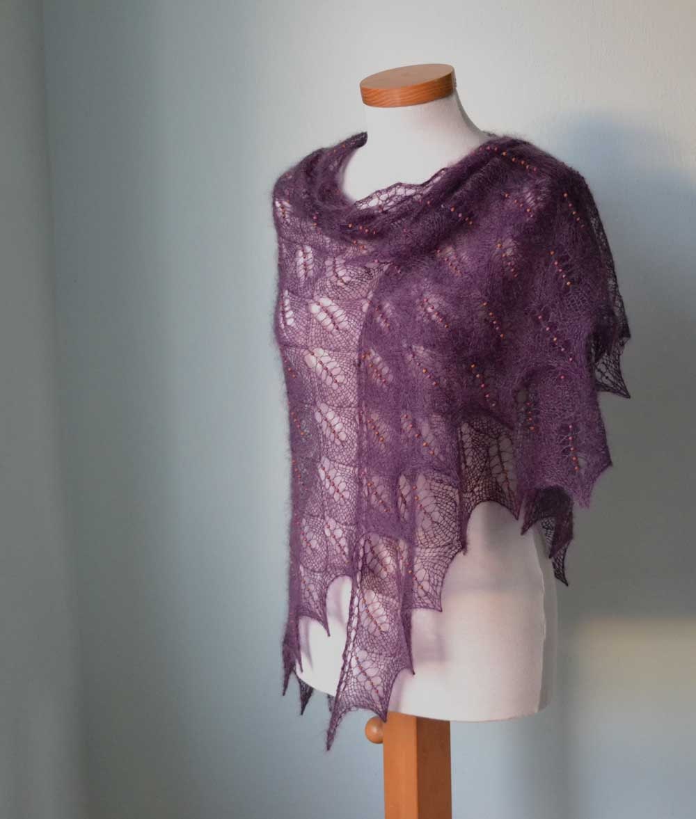 Plum lace knitted shawl with 1050 glass beads H807