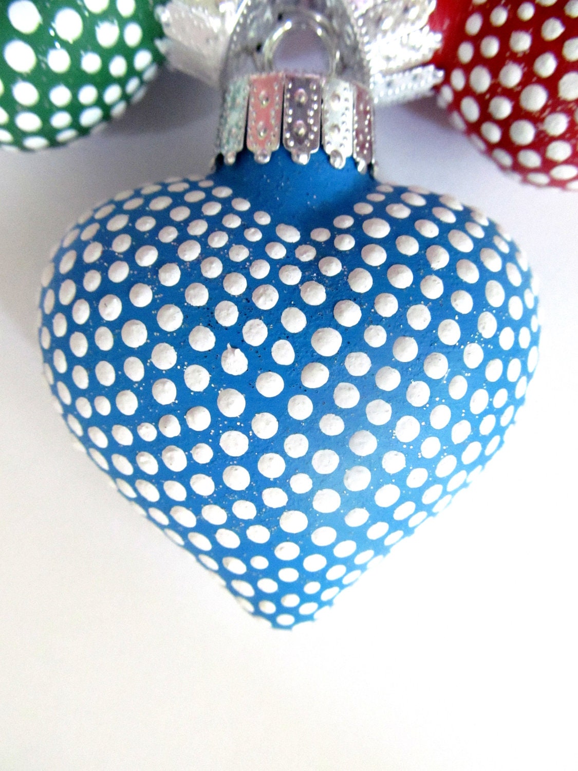 Little Dotted Heart Ornaments: Three Hand painted Puffy Glass Hearts Christmas Tree Ornaments