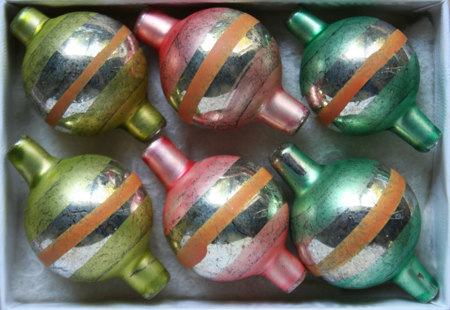 Gorgeous Pastel Striped Mercury Glass Garland Ornaments Aqua Pink and Chartreuse