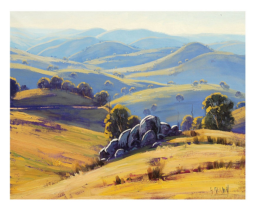 AFTERNOON LIGHT PAINTING commissioned Australian art hilly landscape by Graham Gercken - GerckenGallery