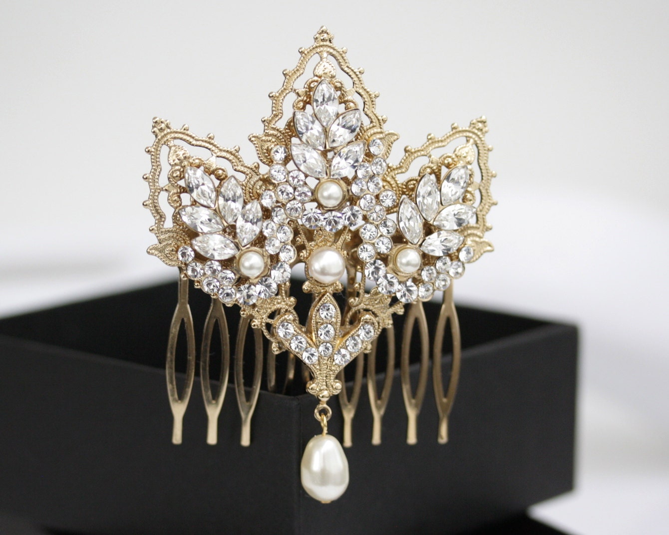 Gold Wedding Hair Accessories, Mantilla Comb, Rhinestone Wedding Comb, Pearl and Rhinestone Head Piece, URSULA DELUXE