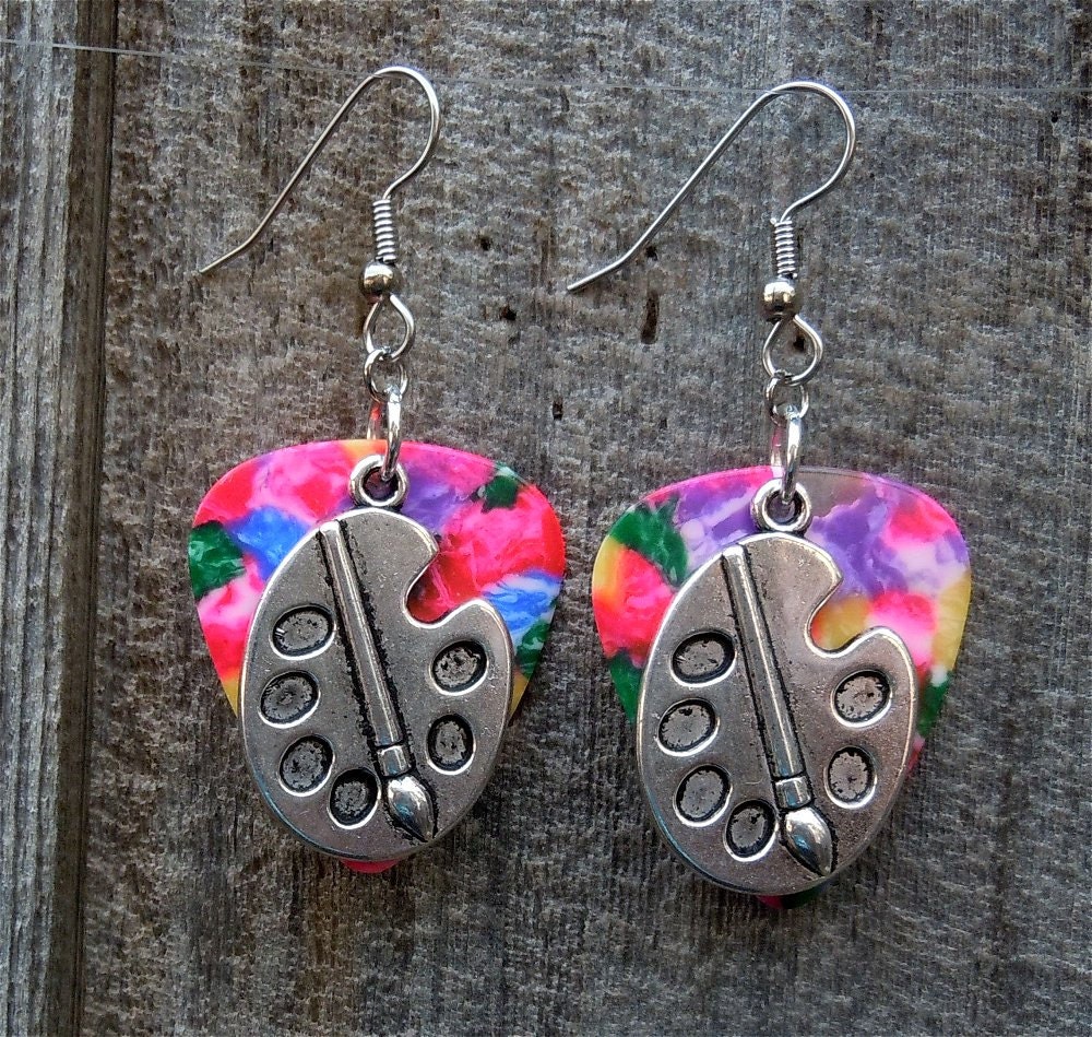 Colorful Guitar Pick and Silver Artist's Palette Charm Earrings