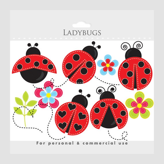 Ladybug clipart - stitched ladybugs clip art, lady bugs, cute, whimsical, insects, bugs, buggy, flowers, leaves, floral