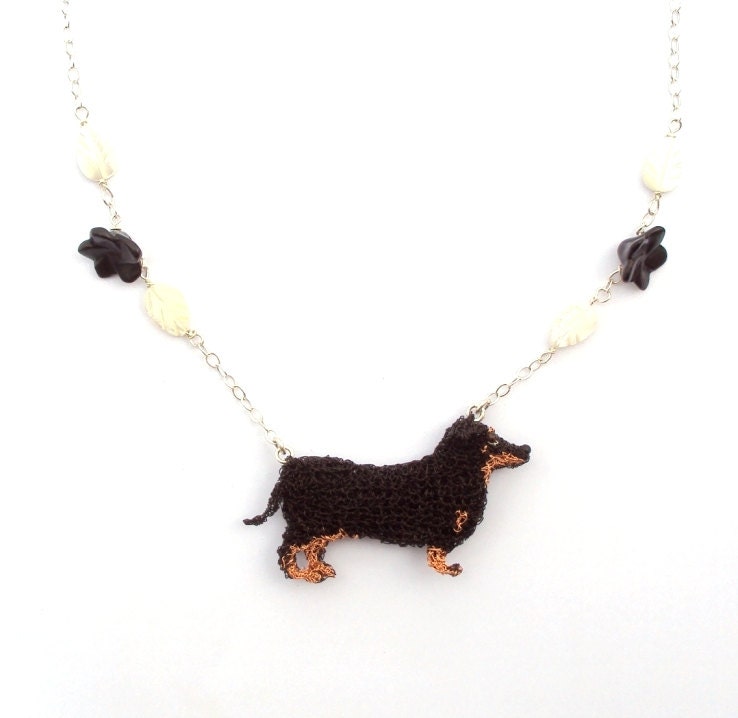 Dachshund necklace, crochet wire doxie dog on a decorated sterling ...
