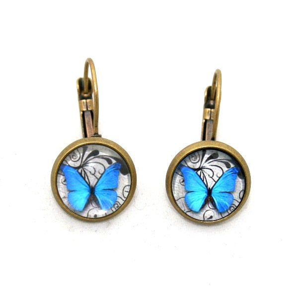 Blue Butterfly Earrings, Butterfly Illustration, Dangle Earrings