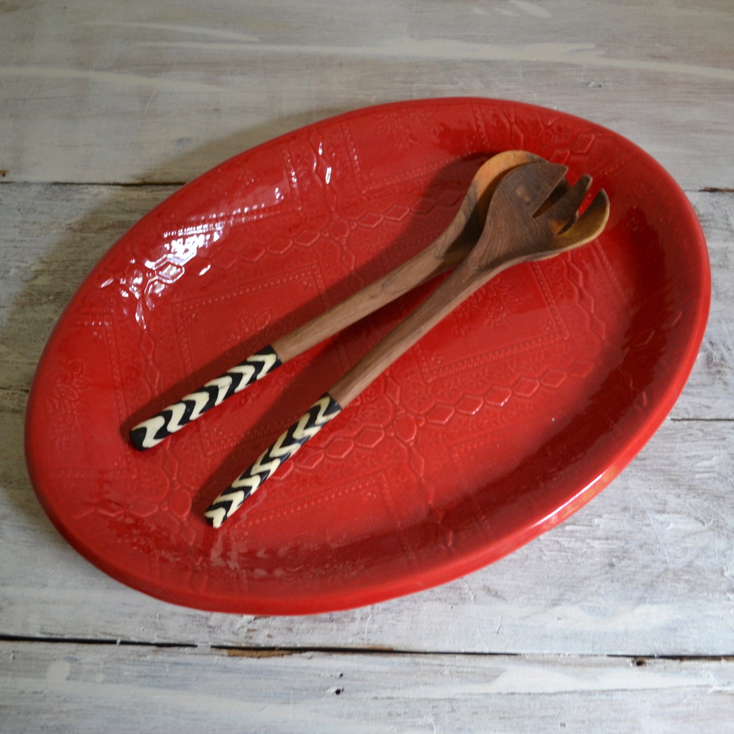 Red Serving Platter   - large oval platter - stoneware - Wobbly Plates Series
