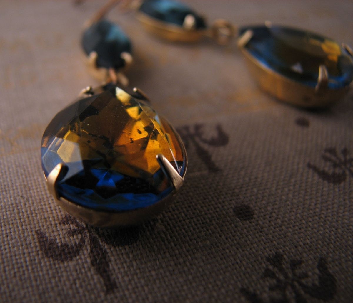 DARK NIGHT  sapphire drop earrings vintage blue and topaz rhinestones