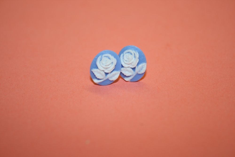 Tiny Light Blue Rose Cameo Earrings