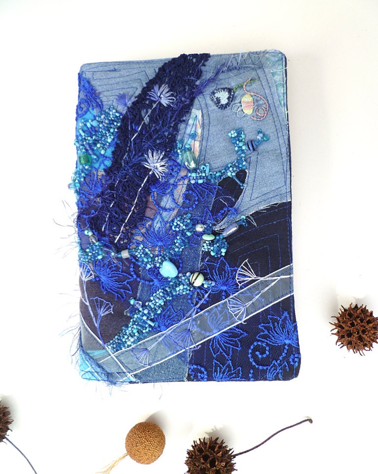Blue fantasy, unique fiber art collage journal / sketchbook