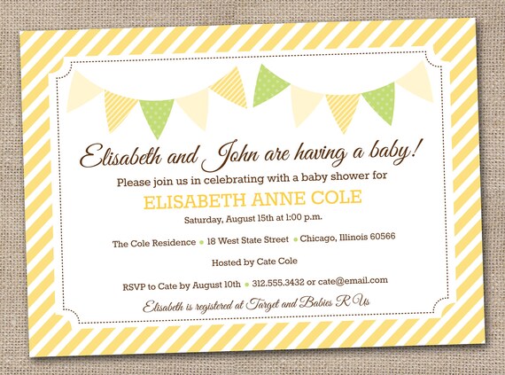 Printable Baby Shower Invitation Yellow and Green Bunting and Stripes Il_570xn