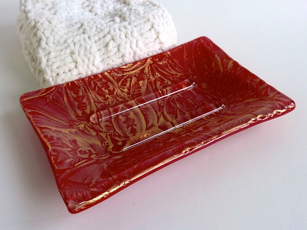 Soap Dish in Red and Gold Fused Glass