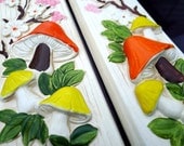 Retro Mushroom Home Decor Kitschy Plaque Set Hand Painted Orange Green Yellow Pink Kitchen Dining Decor - Treasury Item