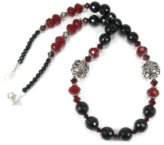 Black Onyx Scarlet Red Czech Glass Necklace