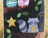 Cute Colorful Owl & Racoons with stars Baby or Toddler quilt
