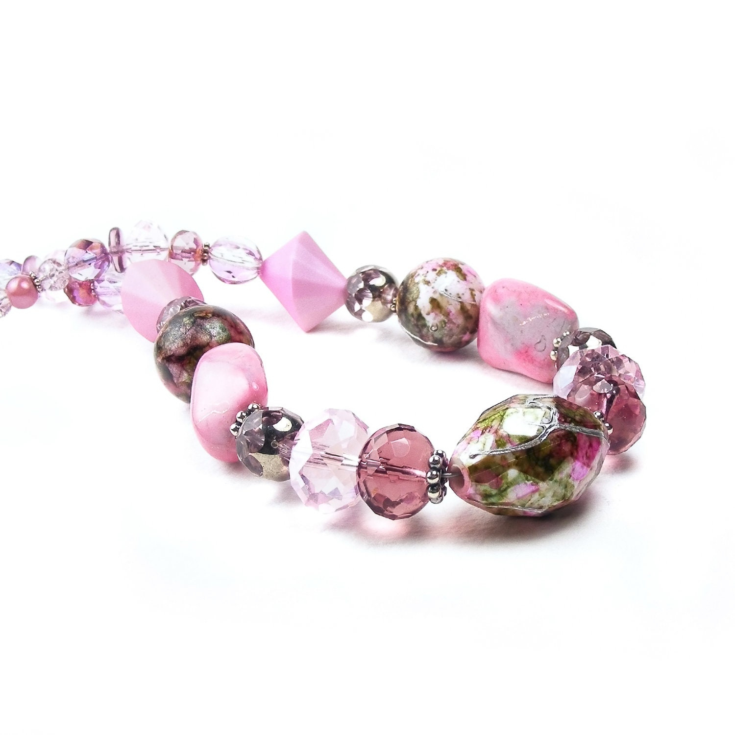 Pink Beaded Necklace Set, Handmade Chunky Statement Jewelry, OOAK Handcrafted Rose Pink Necklace & Earrings Set