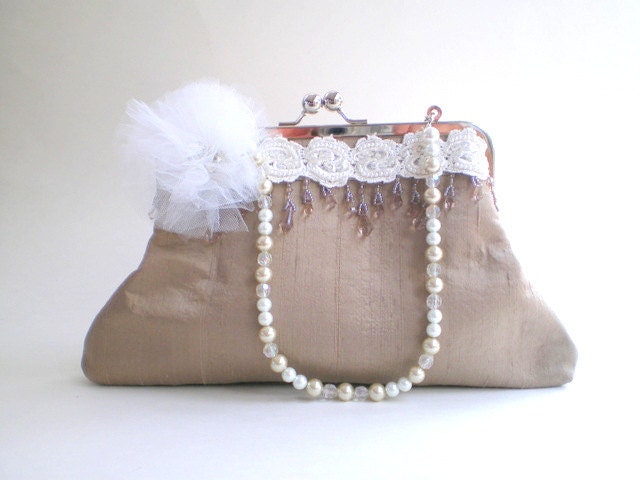 15% COUPON SALE, Bridal bag, purse, pale beige, raw silk, bridal purse, white, champagne beige, beaded handle, pearls, tulle