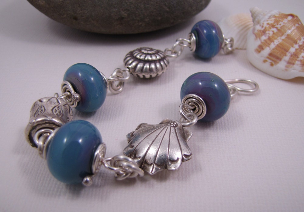Beach Shells Turquoise Blue Sterling Silver Bracelet. One of a Kind Wire Wrapped Lampwork Glass Jewelry