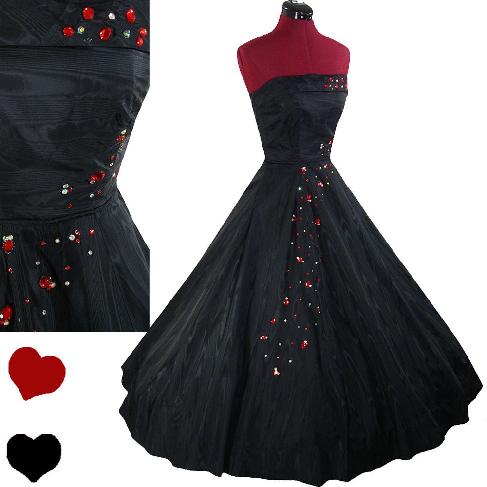 Dress Vintage 50s Black TAFFETA Full Skirt Prom PARTY Dress XS Strapless Red Cocktail