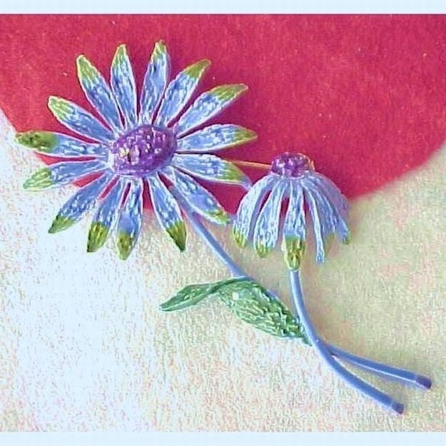 Designer Signed "ART" Enamel Flower Brooch Blue, Purple, Green 4 1/8 inch