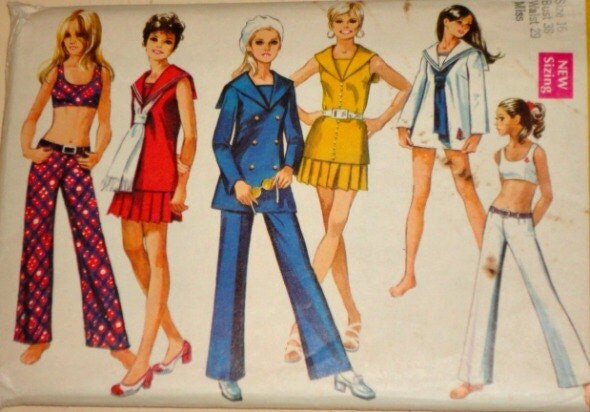 Vintage 1970s Simplicity 8820 Sewing Pattern, Overblouse, Bra-Top, Mini-Skirt And Hip-Hugger Bell-Bottom Pants, Size 16, 38 Bust