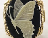 R470 Butterfly Cameo Ring 14k Rolled Gold Black Fine Jewelry