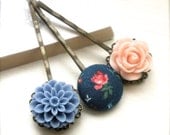 Country Cottage Flower Bobby Pins, Mum and Resin Cabochon, Fabric Button Bobby Pin