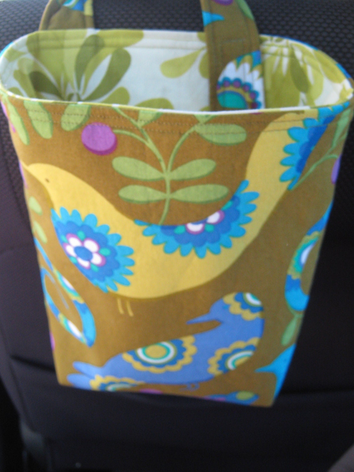 Car Trash or Litter Bag Reusable in Pretty Bird and Flowers in Green, Brown, Purple, and Blue