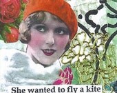 Fridge Magnet Locker Magnet Word Art Handmade Silly Collage Vintage Style Geekery  -- Let's Go Fly A Kite