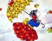 1970s Vintage Fabric - Childrens Print - Calico Girls Holding Umbrellas - Bright Colors - Yardage