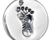 Round Baby Footprint Sterling Silver Charm -- Complimentary Ribbon or Cord