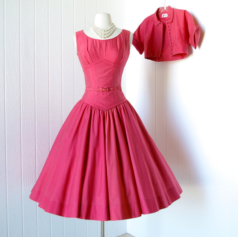 SALE 25 percent off with code vintage 1950's dress ...beautiful CORAL RED cotton shelf-bust full circle skirt pin-up dress & bolero jkt