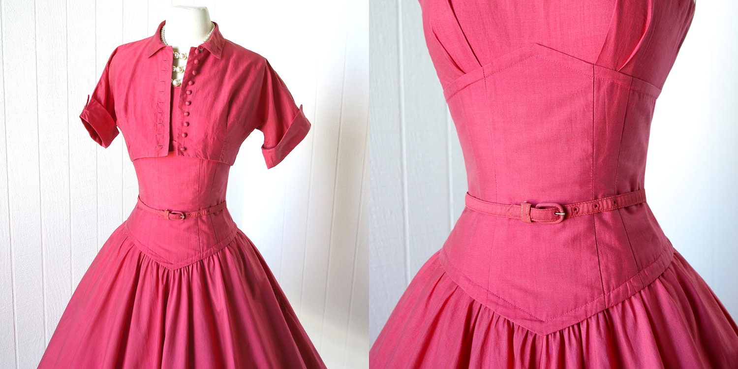 SALE 25 percent off with code vintage 1950's dress ...beautiful CORAL RED cotton shelf-bust full circle skirt pin-up dress & bolero jkt