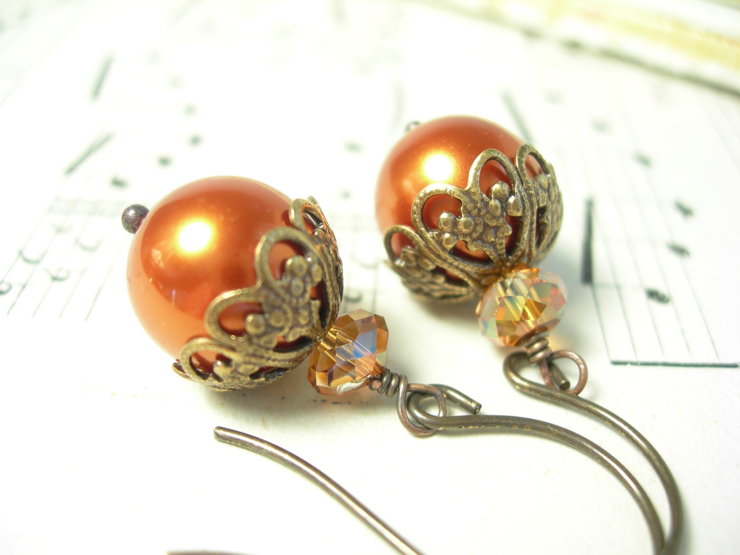Pumpkin earrings swarovski crystal pearls copper crystals autumn harvest hand antiqued brass