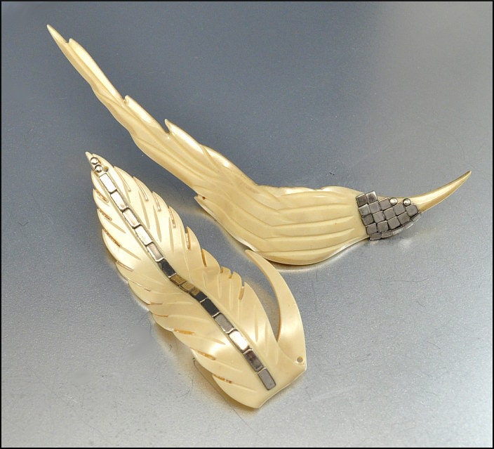 Art Deco Dress Hair Accessories Celluloid Feather Ivory Silver Vintage 1920s Wedding Jewelry