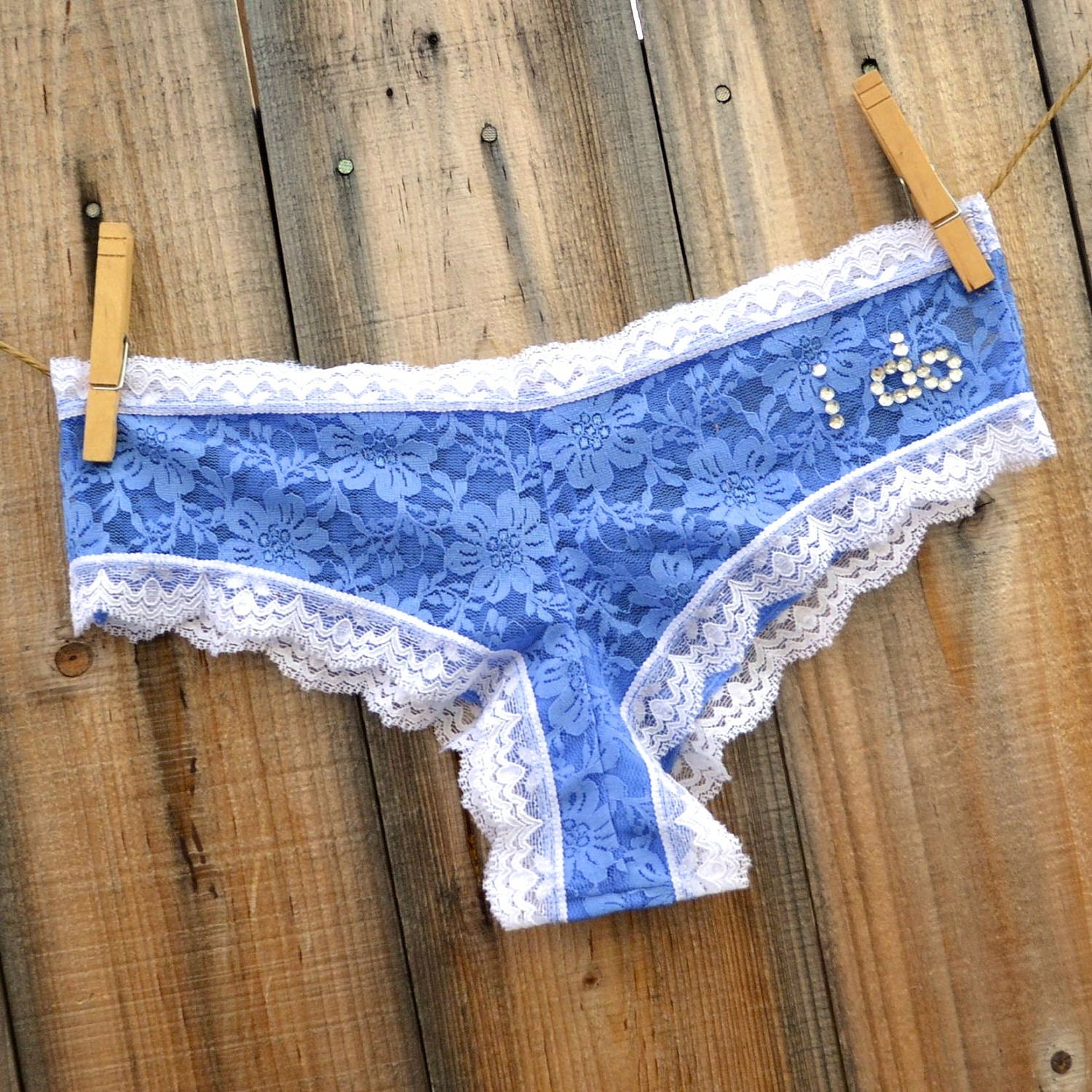 Something Blue BRIDAL Lingerie with bling underwear -  something white trim blue cheeky -  I DO in rhinestones size Large -Ships in 24hrs