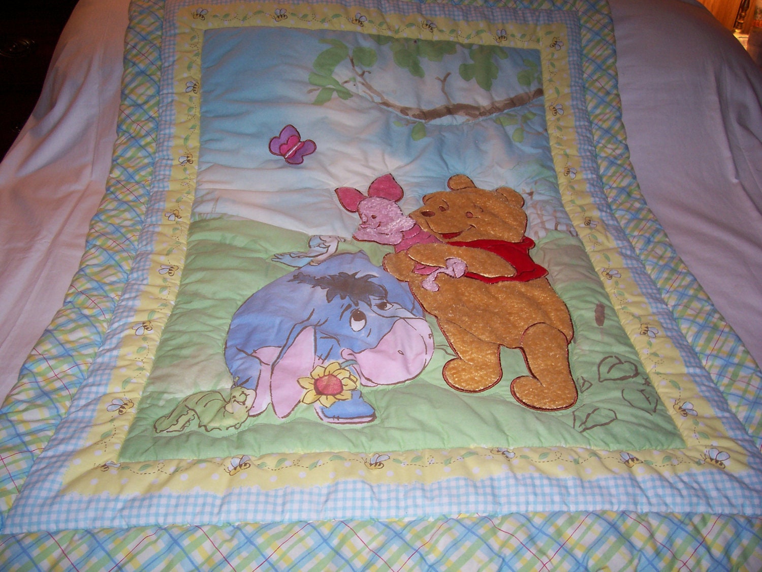 Handmade Baby Disney Appliqued Pooh Bear, Appliqued Piglet, Eeyore Cotton Baby Quilt-NEWLY MADE 2012