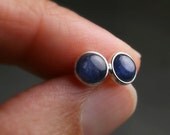 Bezel set blue sapphire cabochon and sterling silver stud earrings  6mm