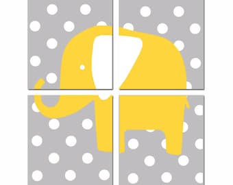 Modern Nursery Quad - Set of Four 8x10 Prints - Polka Dot Elephant - Choose Your Colors - Shown in Yellow, Gray, Orange, Pink, and More
