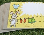 Clothes Line Rabbit Conversation Note Cards, Set of 4, cards and envelopes, bunny with wet laundry