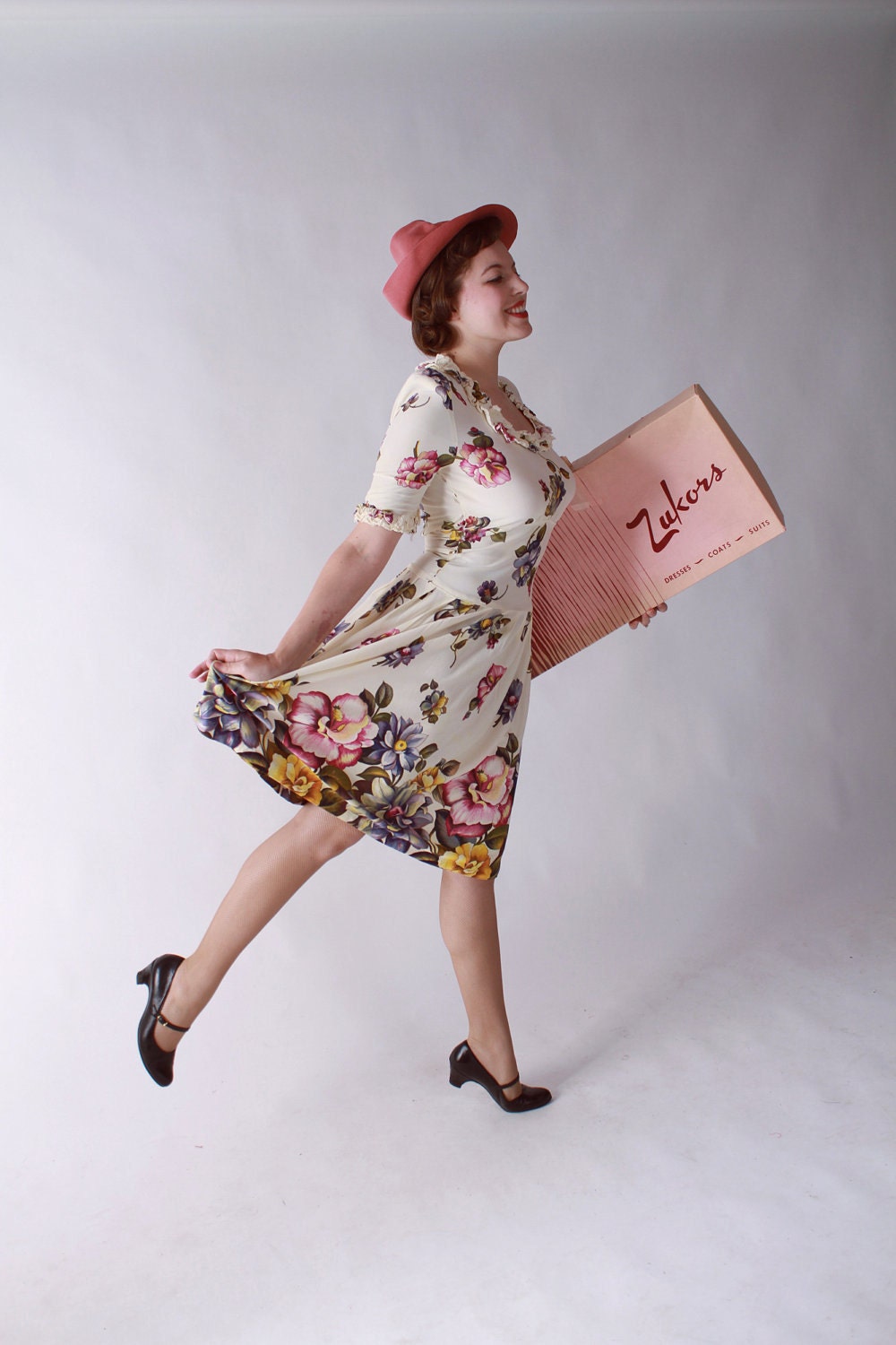 Vintage Late 1930s Rayon Jersey Dress in a Soft Floral Print
