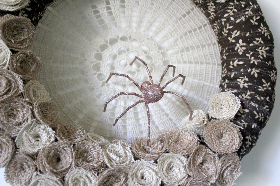 Spider Wreath, Halloween Wreath, Shabby Wreath, Fabric and Burlap Wreath, 14 inch size